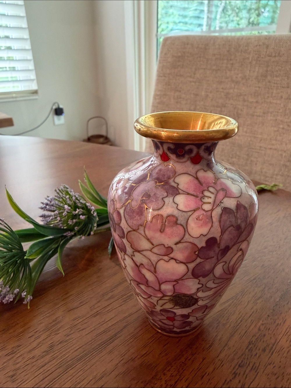 Retro Chic Pink Floral Cloisonné Mini Vase with Gold Accents